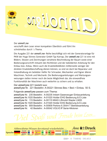 Stinnes Generatoranlage Typ Karnap Bauart Beschreibung Bedienungsanleitung Einbauanleitung Sicherheit - annoligno 221